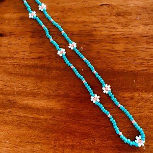 Boho Happy Daisy Necklace - Turquoise+White+Coral